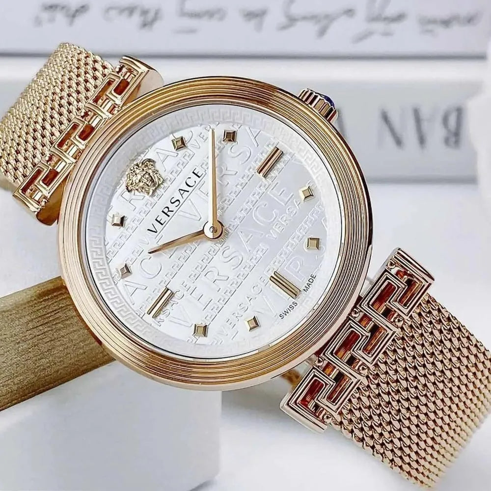  Shop Authentic Versace Meander Greca White Dial Gold Mesh Bracelet Watch for Women - VELW00820 - Luxxuri