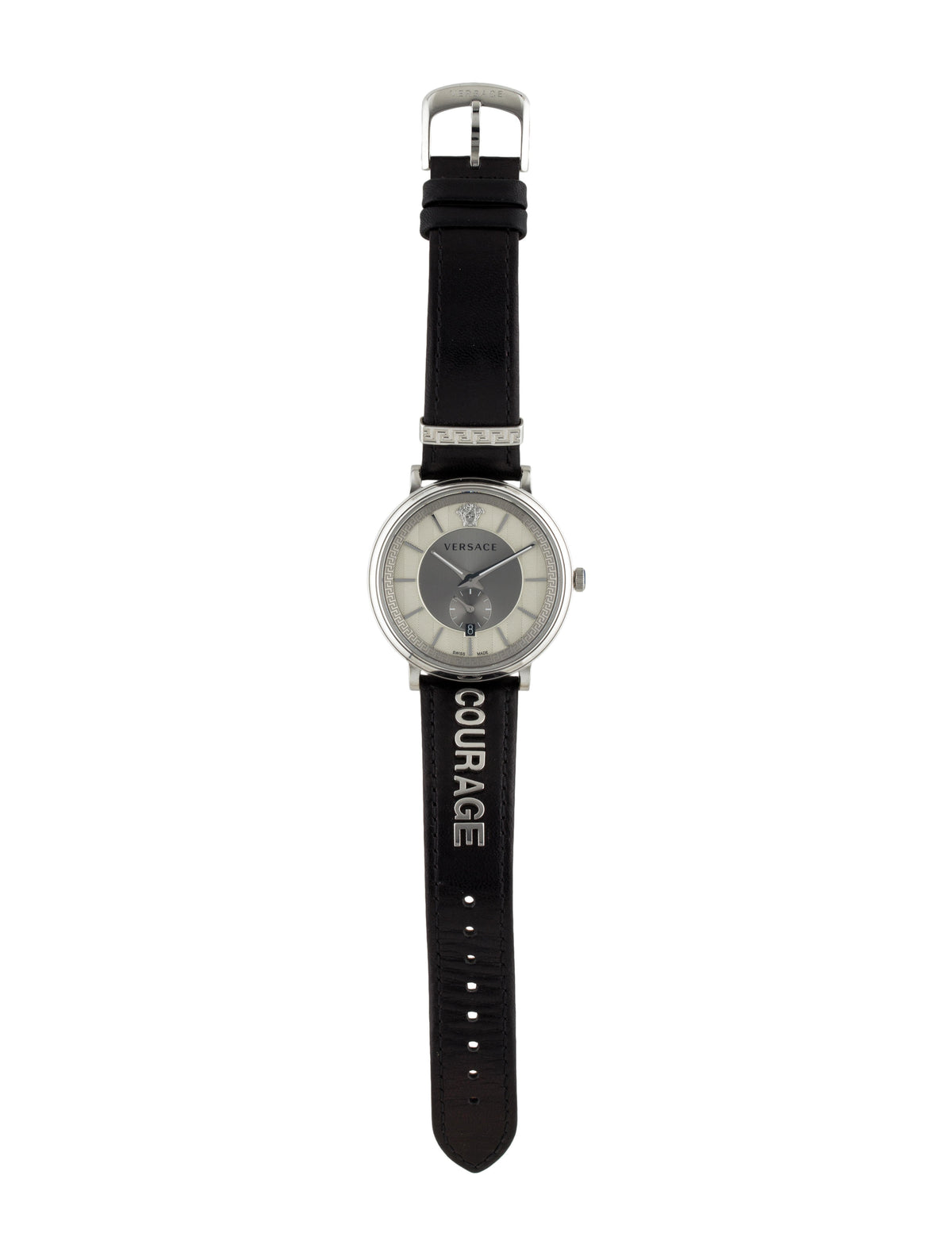  Shop Authentic Versace V-Circle Black Manifesto Courage Quartz Silver Dial Black Leather Strap Watch for Men - VBQ080017 - Luxxuri