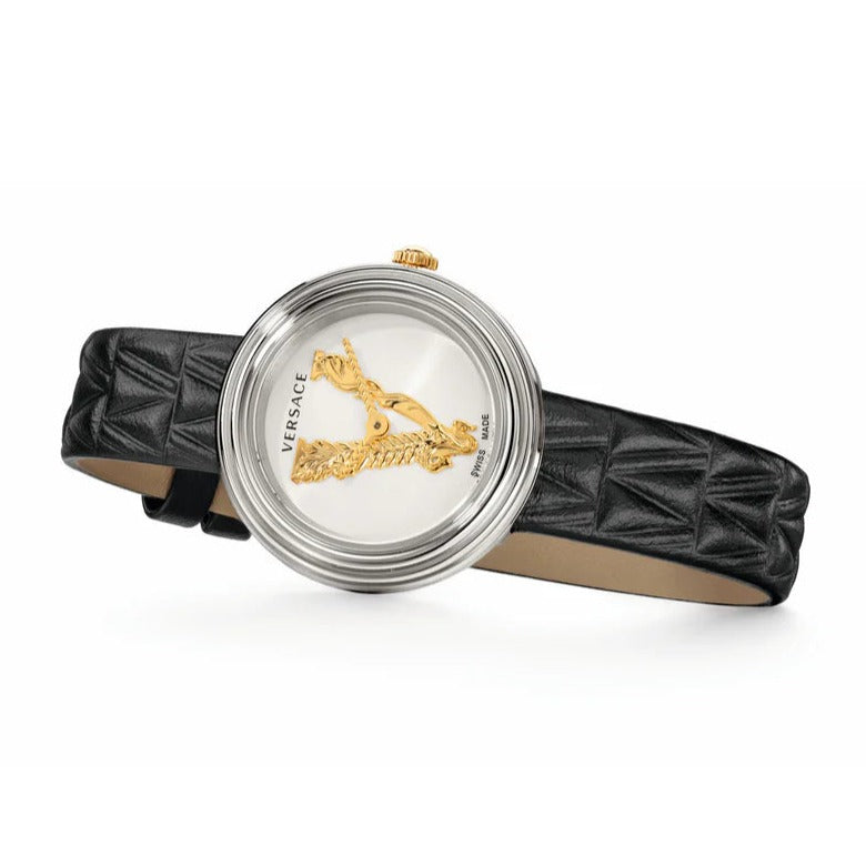  Shop Authentic Versace Virtus Quartz White Dial Black Leather Strap Watch For Women - VET300421 - Luxxuri