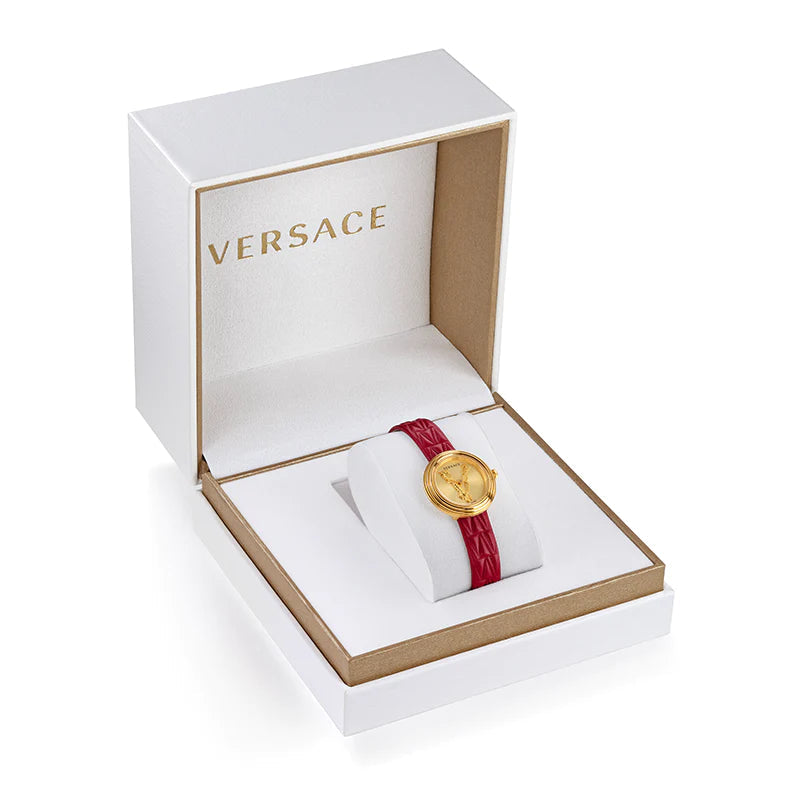  Shop Authentic Versace Virtus Mini Quartz Gold Dial Red Leather Strap Watch For Women - VET300521 - Luxxuri
