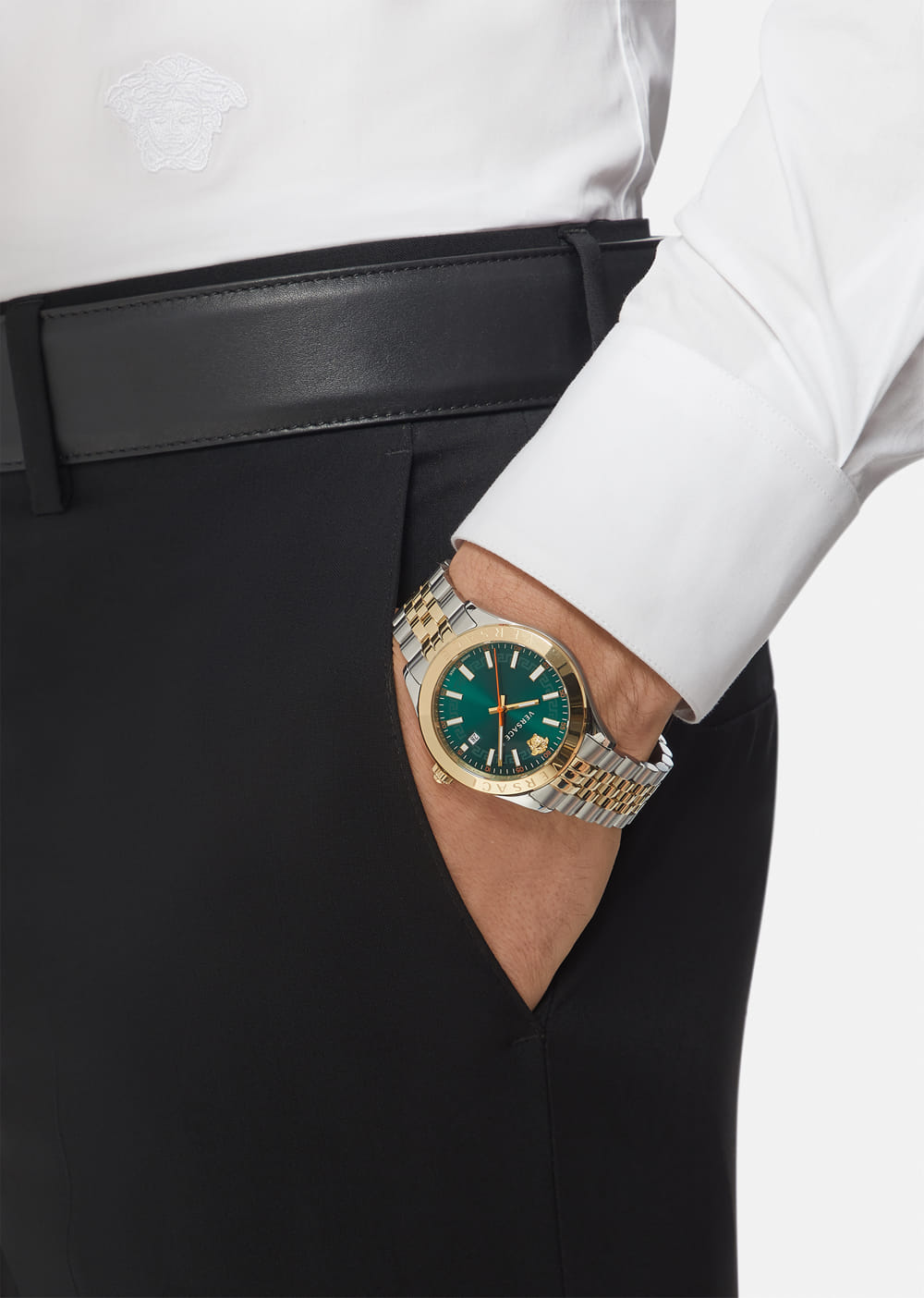  Shop Authentic Versace Hellenyium Quartz Green Dial Two Tone Steel Strap Watch For Men - VEVI00620 - Luxxuri