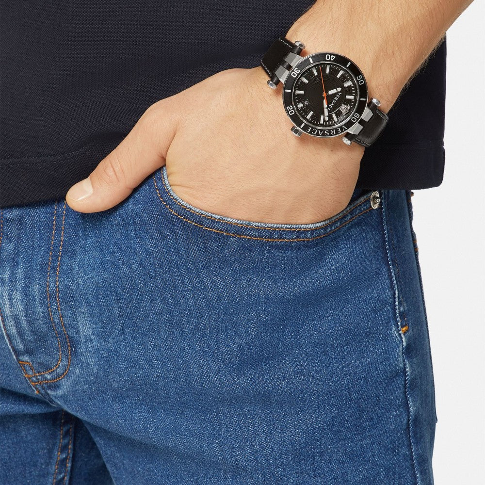  Shop Authentic Versace Greca Sport Quartz Black Dial Black Leather Strap Watch For Men - VEZ300221 - Luxxuri