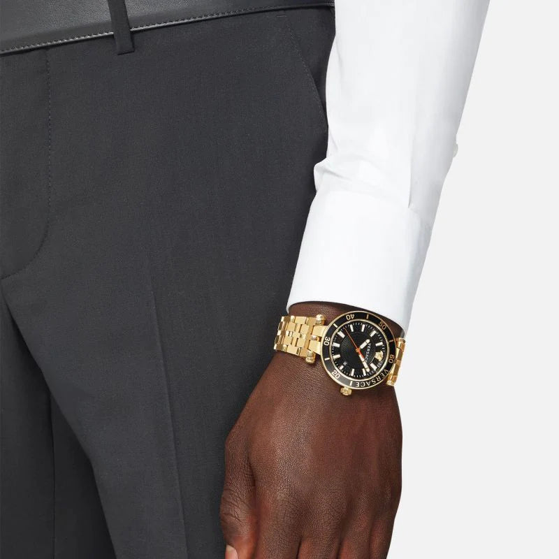  Shop Authentic Versace Greca Sport Quartz Black Dial Gold Steel Strap Watch for Men - VEZ300721 - Luxxuri