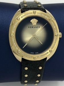  Shop Authentic Versace Shadov Quartz Gold Dial Black Leather Strap Watch for Women - VEBM01118 - Luxxuri