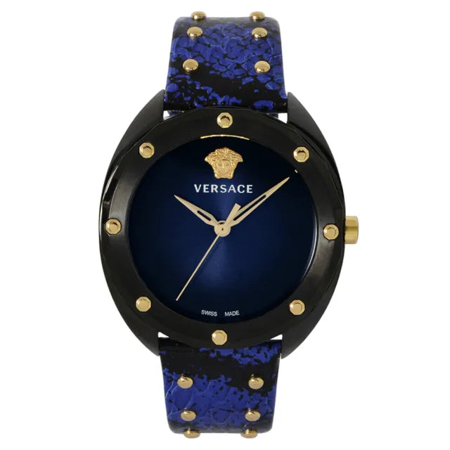  Shop Authentic Versace Shadov Quartz Black Dial Blue Leather Strap Watch for Men - VEBM00418 - Luxxuri
