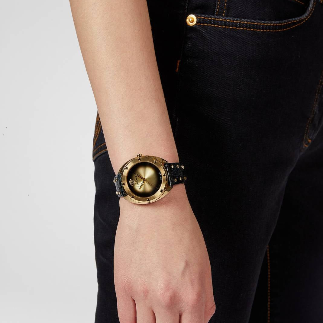  Shop Authentic Versace Shadov Quartz Gold Dial Black Leather Strap Watch for Women - VEBM00318 - Luxxuri