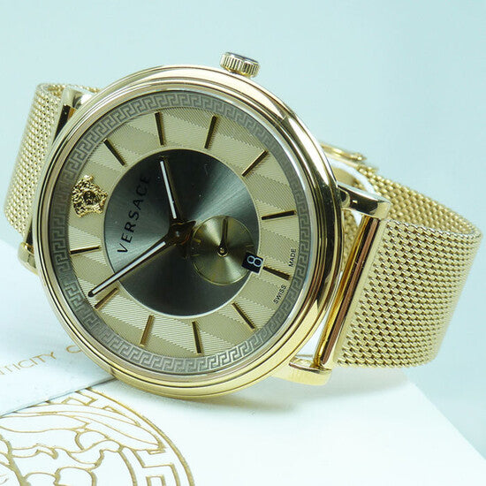  Shop Authentic Versace V Circle Quartz Gold Dial Gold Mesh Bracelet Watch For Men - VBQ070017 - Luxxuri