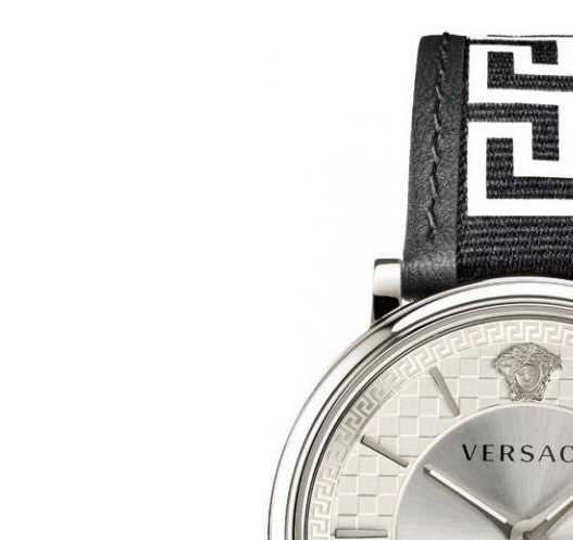  Shop Authentic Versace V-Circle Silver Dial Black Leather Strap Watch for Men - VEBQ01219 - Luxxuri