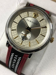  Shop Authentic Versace V Circle Silver Dial Two Tone Leather Strap Watch for Men - VEBQ01319 - Luxxuri