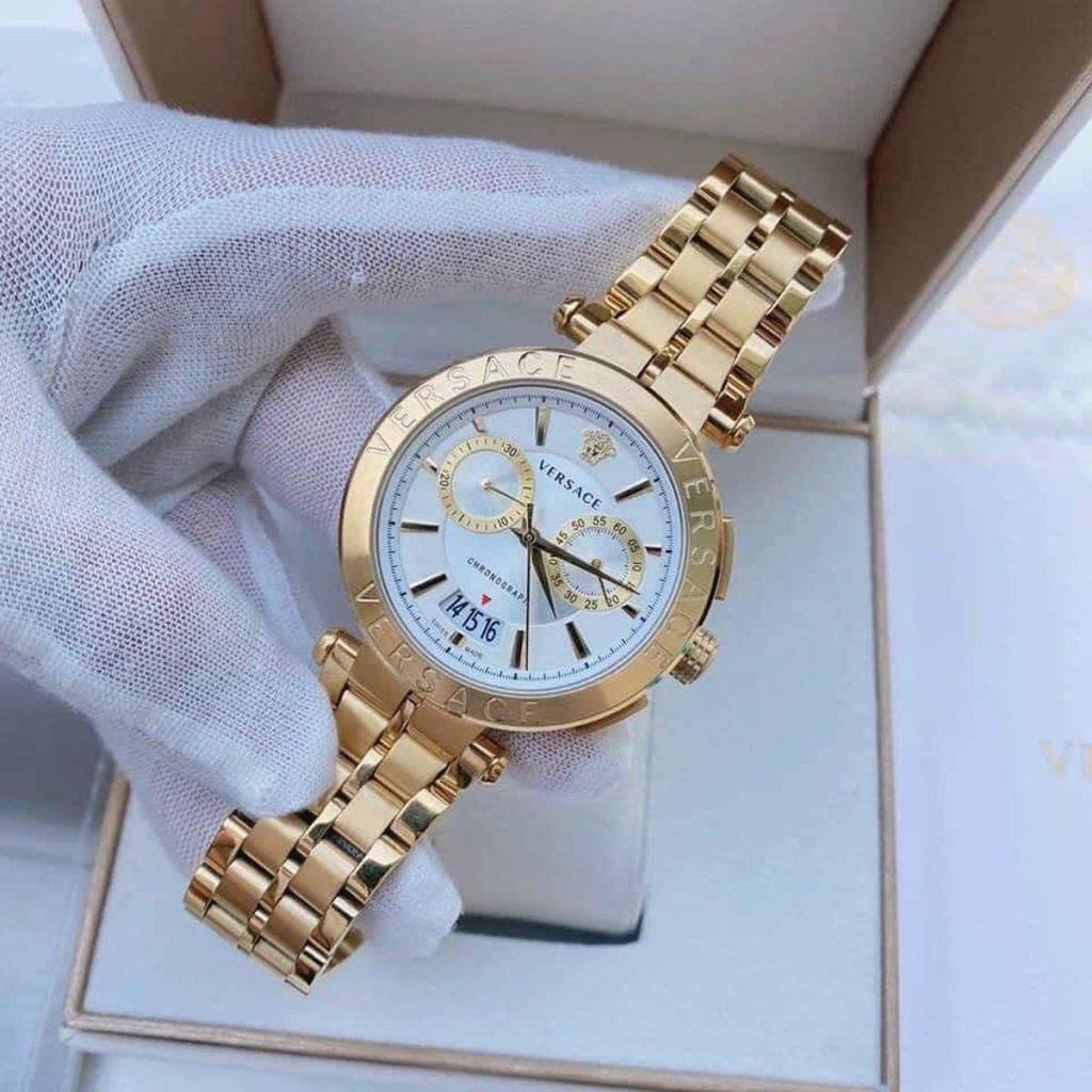  Shop Authentic Versace V Racer Chronograph White Dial Gold Steel Strap Watch for Men - VBR060017 - Luxxuri