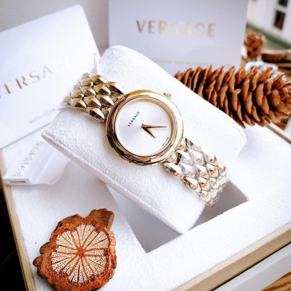  Shop Authentic Versace V-Flare Quartz Silver Dial Gold Steel Strap Watch for Women - VEBN00718 - Luxxuri