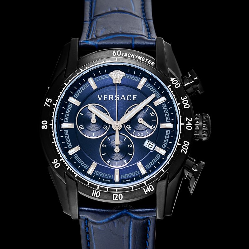  Shop Authentic Versace V-Ray Chronograph Quartz Blue Dial Black Leather Strap Watch For Men - VEDB00418 - Luxxuri