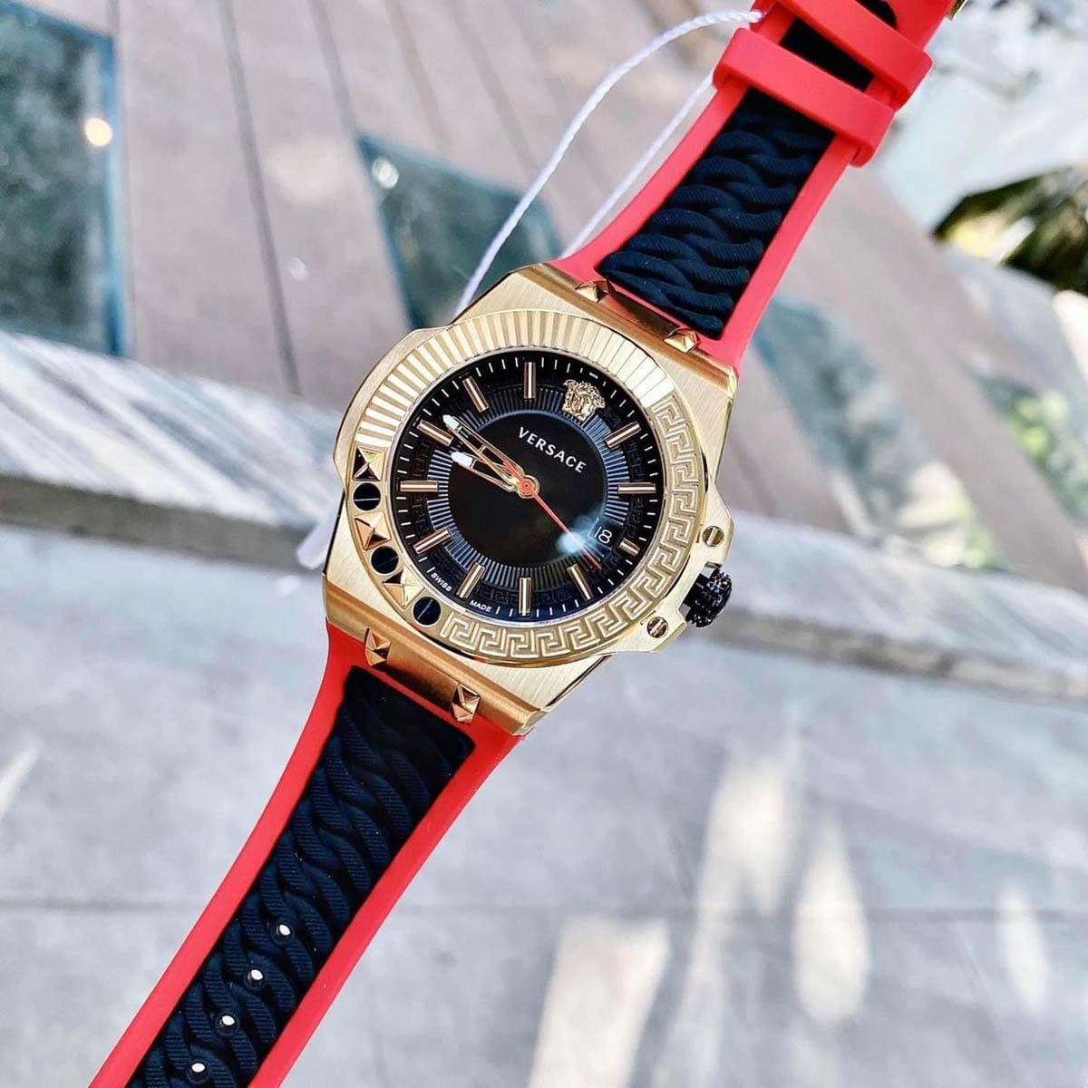  Shop Authentic Versace Chain Reaction Quartz Black Dial Red & Black Rubber Strap Watch for Men - VEDY00319 - Luxxuri
