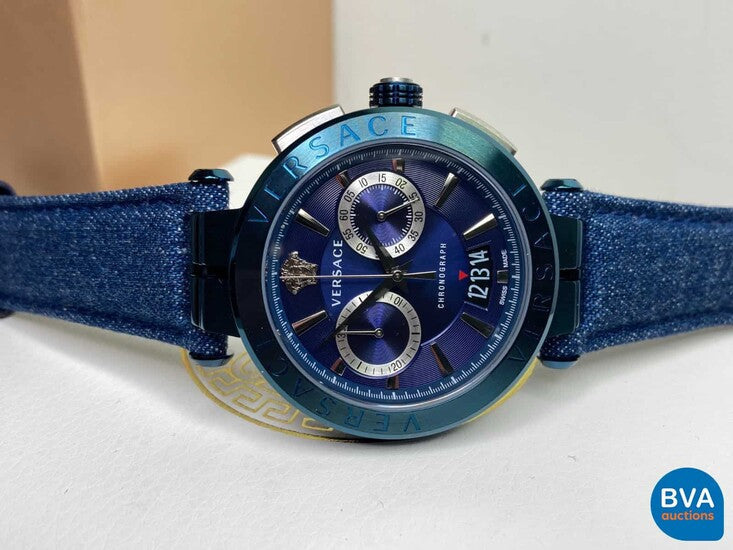  Shop Authentic Versace Aion Chronograph Blue Dial Blue Leather Strap Watch for Men - VBR070017 - Luxxuri