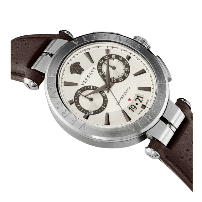  Shop Authentic Versace Aion Chronograph White Dial Brown Leather Strap Watch for Men - VBR010017 - Luxxuri