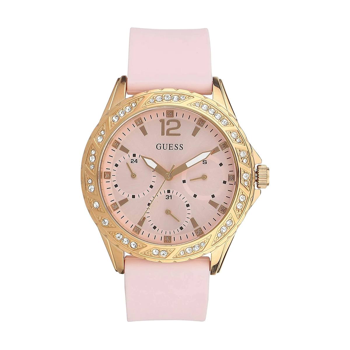  Shop Authentic Guess Sparkling Diamonds Pink Dial Pink Rubber Strap Watch for Women - W0032L9 - Luxxuri
