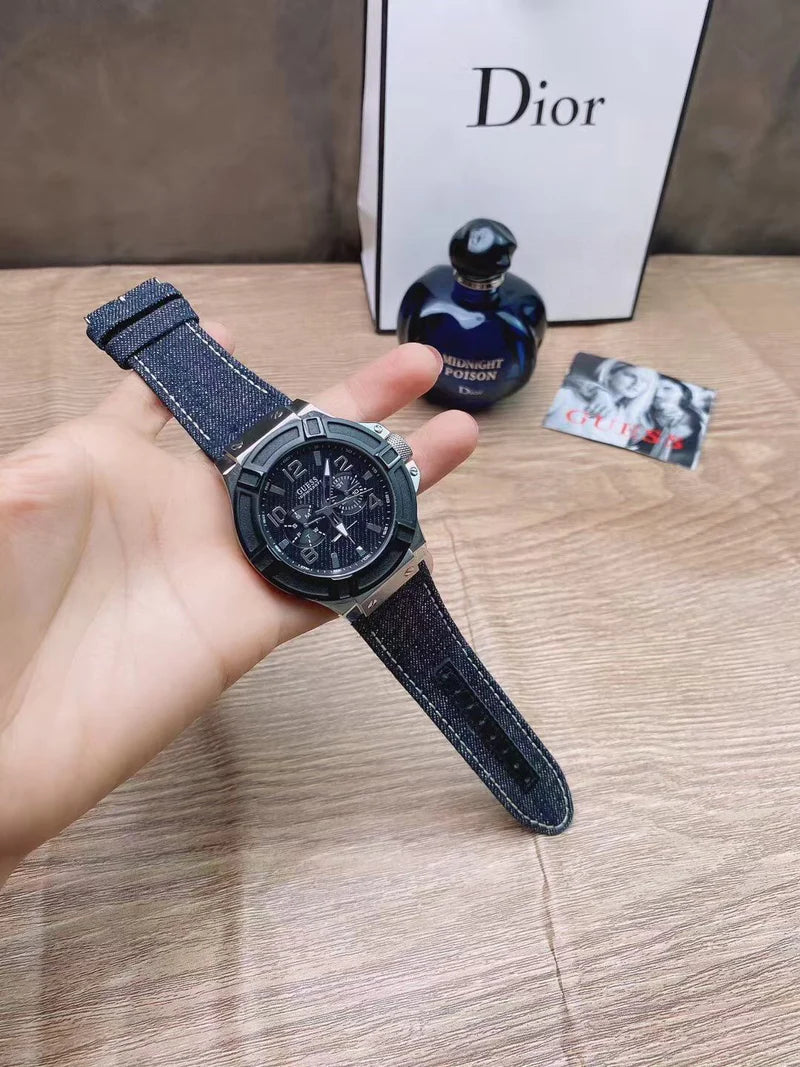  Shop Authentic Guess Indovina Quartz Black Dial Black Leather Strap Watch For Men - W0040G9 - Luxxuri