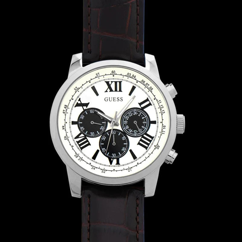  Shop Authentic Guess Chronograph Quartz White Dial Brown Leather Strap Watch For Men - W0380G1 - Luxxuri
