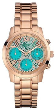  Shop Authentic Guess Mini Sunrise Multi Function Analog Turquoise Dial Rose Gold Steel Strap Watch For Women - W0448L8 - Luxxuri