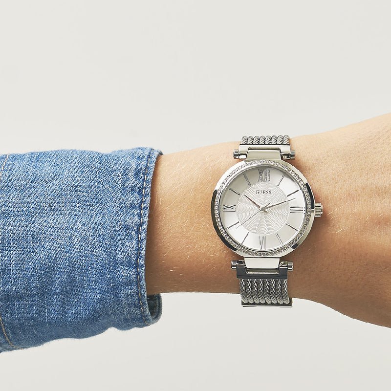  Shop Authentic Guess Soho Silver DIal Stainless Steel Mesh Bracelet Watch For Women - W0638L1 - Luxxuri