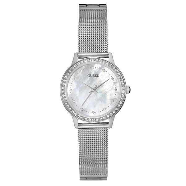  Shop Authentic Guess Chelsea Mother of Pearl White Dial Silver Mesh Strap Watch For Women - W0647L1 - Luxxuri