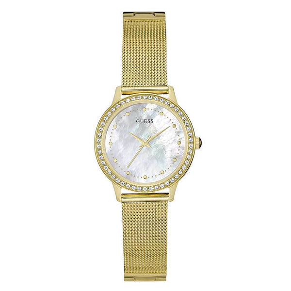  Shop Authentic Guess Chelsea Mother of Pearl White Dial Gold Mesh Strap Watch For Women - W0647L3 - Luxxuri