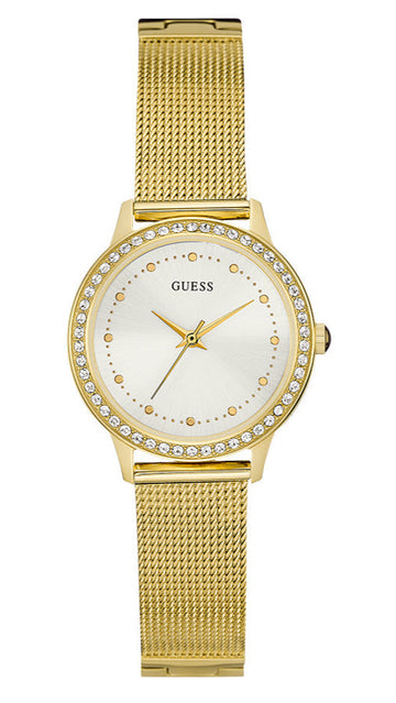  Shop Authentic Guess Chelsea Crystals Mother of Pearl White Dial Gold Mesh Bracelet Watch For Women - W0647L7 - Luxxuri