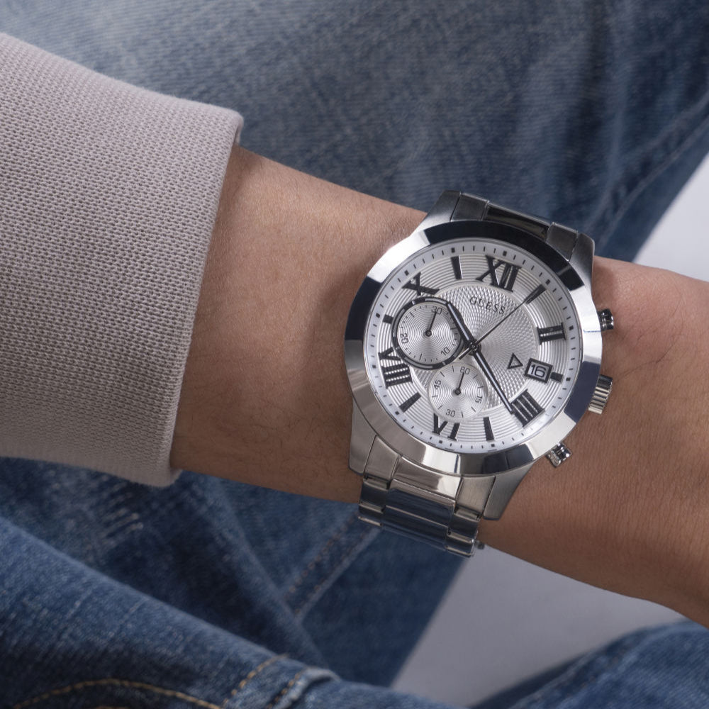  Shop Authentic Guess Atlas Chronograph Silver Dial Silver Steel Strap Watch For Men - W0668G7 - Luxxuri