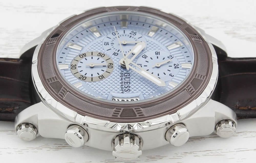  Shop Authentic Guess Pinnacle Chronograph Quartz Blue Dial Brown Leather Strap Watch For Men - W0673G1 - Luxxuri