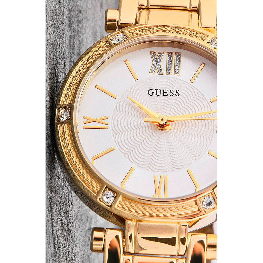  Shop Authentic Guess Park Ave South Analog White Dial Gold Steel Strap Watch For Women - W0767L2 - Luxxuri