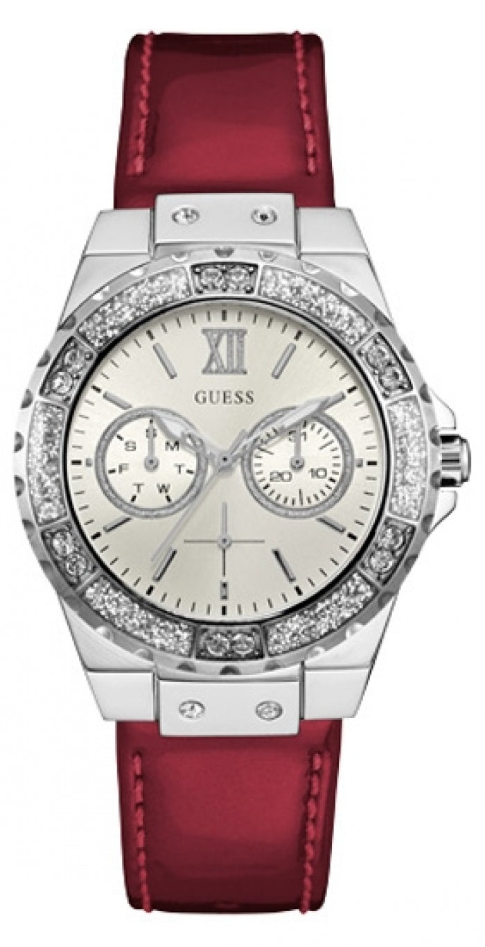  Shop Authentic Guess Limelight Quartz Diamonds White Dial Red Leather Strap Watch For Women - W0775L11 - Luxxuri