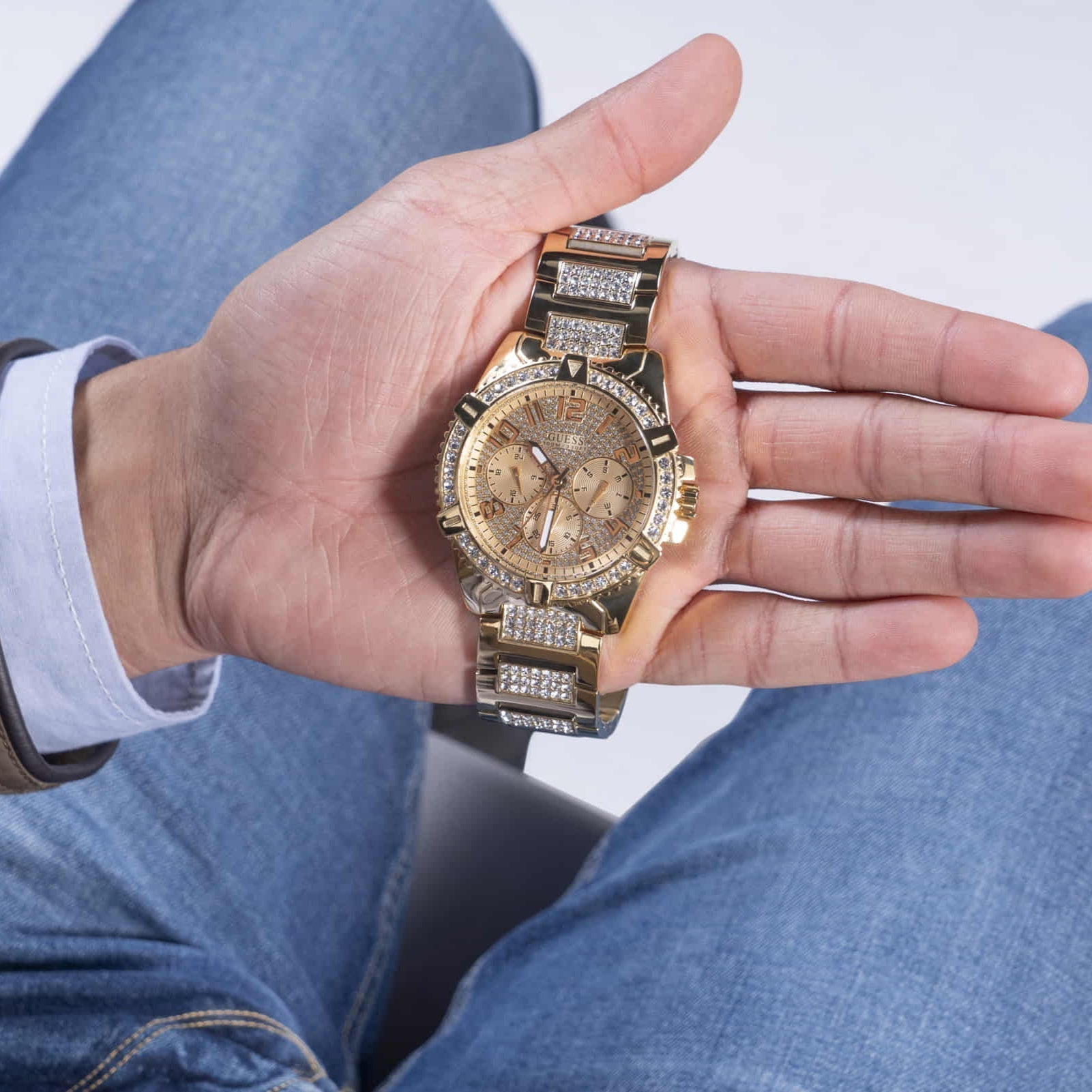  Shop Authentic Guess Frontier Chronograph Crystals Silver Dial Two Tone Steel Strap Watch for Men - W0799G4 - Luxxuri