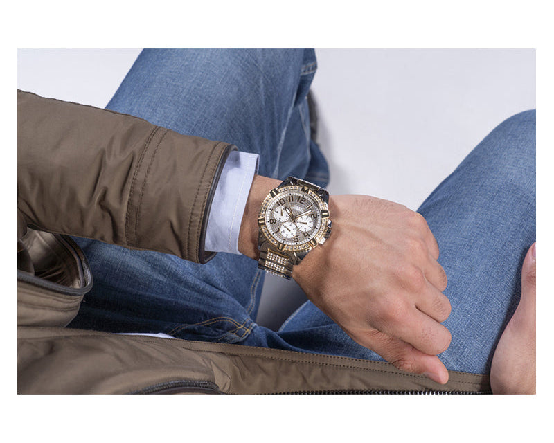 Shop Authentic Guess Frontier Chronograph Crystals Silver Dial Two Tone Steel Strap Watch for Men - W0799G4 - Luxxuri