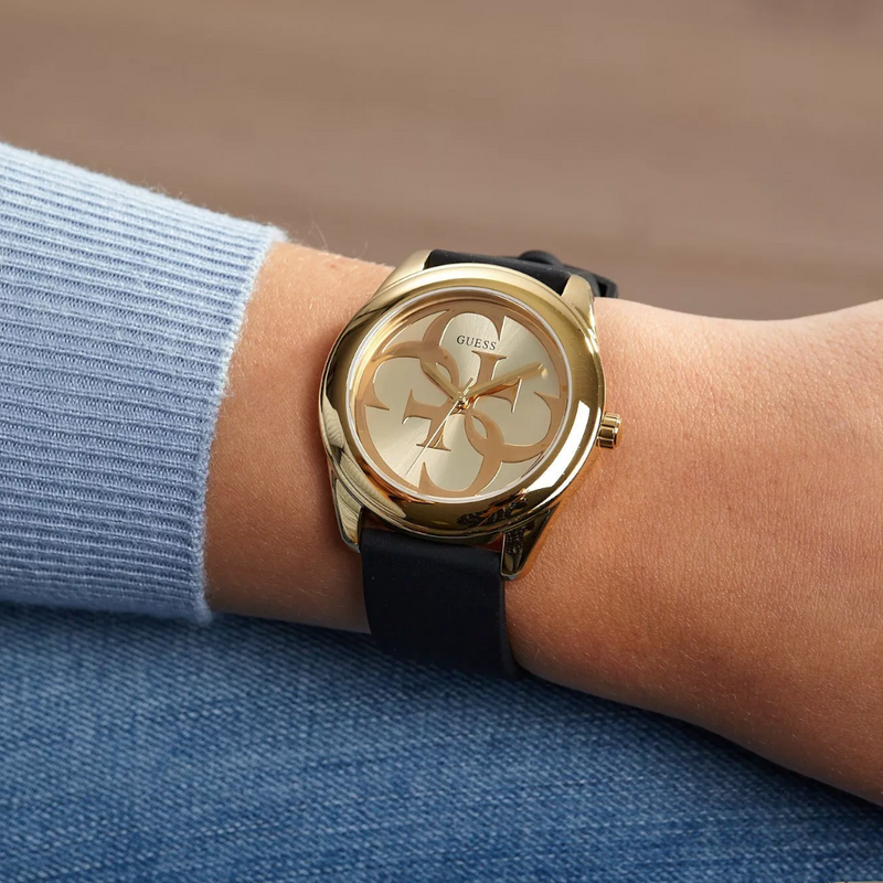  Shop Authentic Guess G Twist Gold Dial Black Leather Strap Watch for Women - W0911L3 - Luxxuri