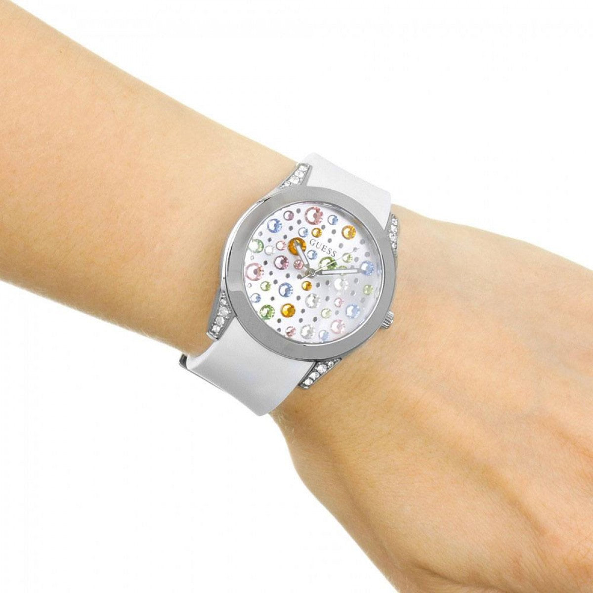  Shop Authentic Guess Wanderlust Crystals Silver Dial White Rubber Strap Watch for Women - W1059L1 - Luxxuri