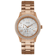  Shop Authentic Guess Bedazzle Diamonds Silver Dial Rose Gold Steel Strap Watch For Women - W1097L3 - Luxxuri