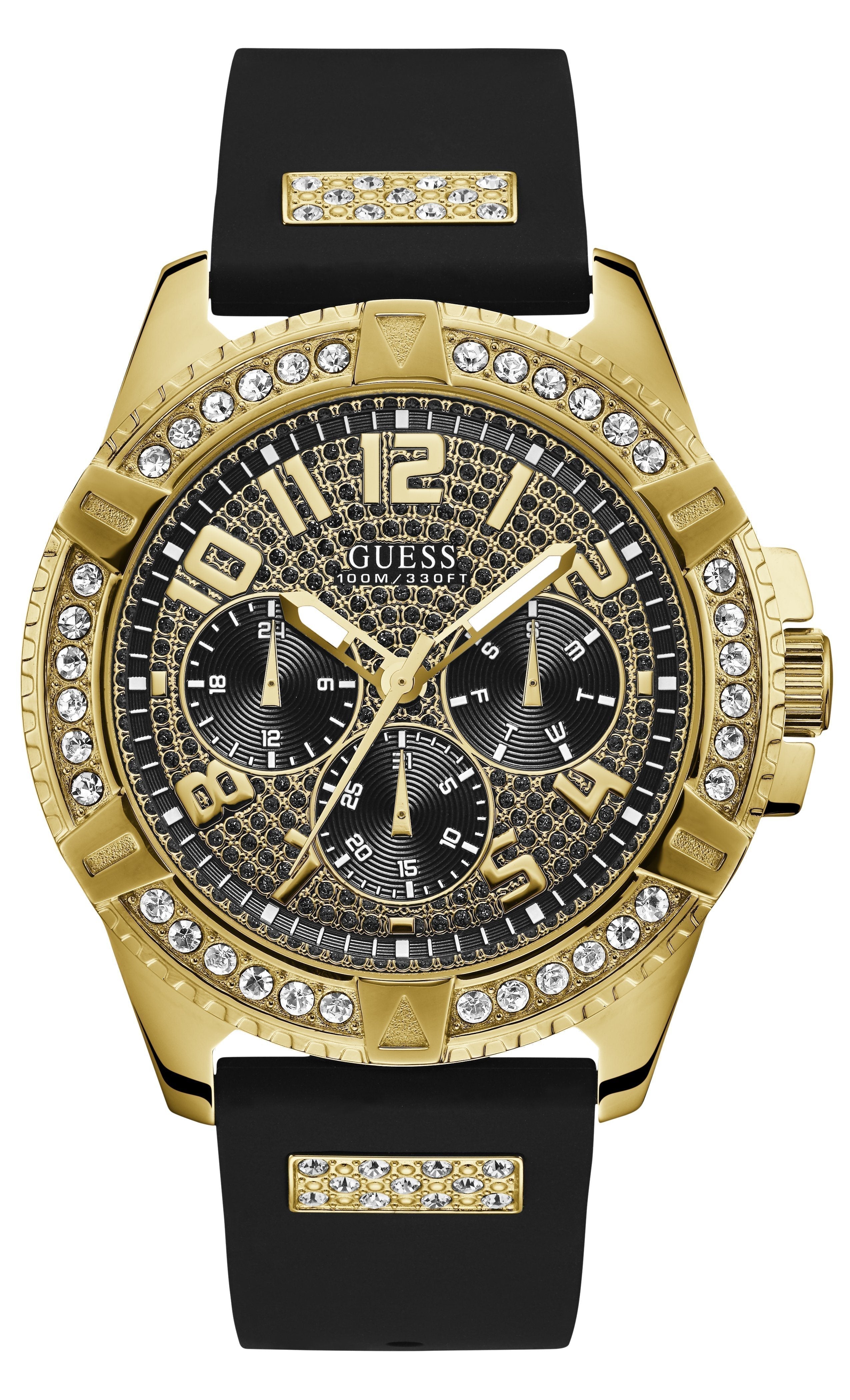  Shop Authentic Guess Frontier Crystals Black Dial Black Silicone Strap Watch For Men - W1132G1 - Luxxuri