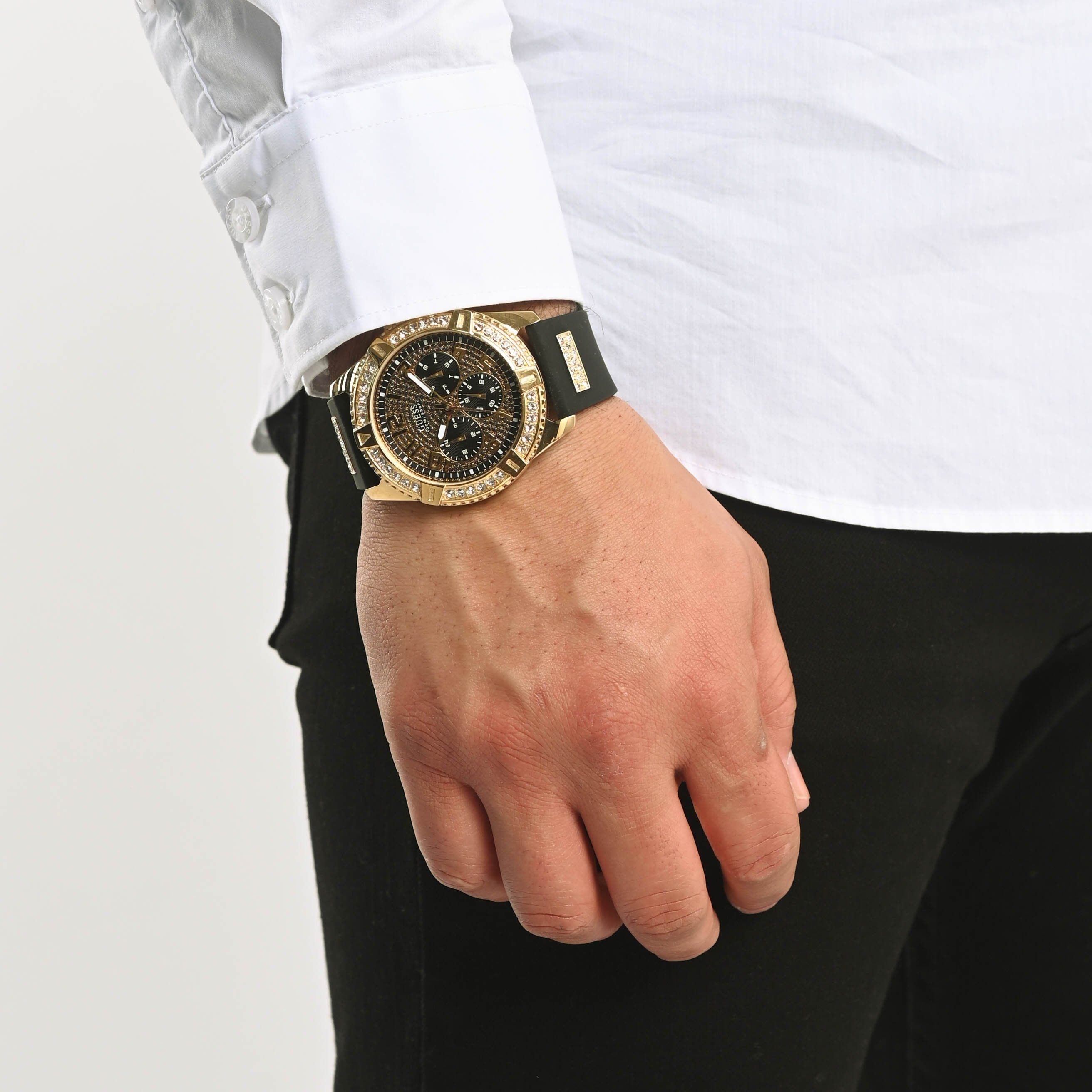  Shop Authentic Guess Frontier Crystals Black Dial Black Silicone Strap Watch For Men - W1132G1 - Luxxuri