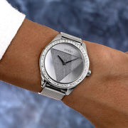  Shop Authentic Guess Tri Glitz Quartz Silver Dial Silver Mesh Bracelet Watch For Women - W1142L1 - Luxxuri