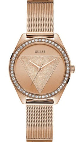  Shop Authentic Guess Tri Glitz Quartz Diamonds Rose Gold Dial Rose Gold Mesh Bracelet Watch For Women - W1142L4 - Luxxuri