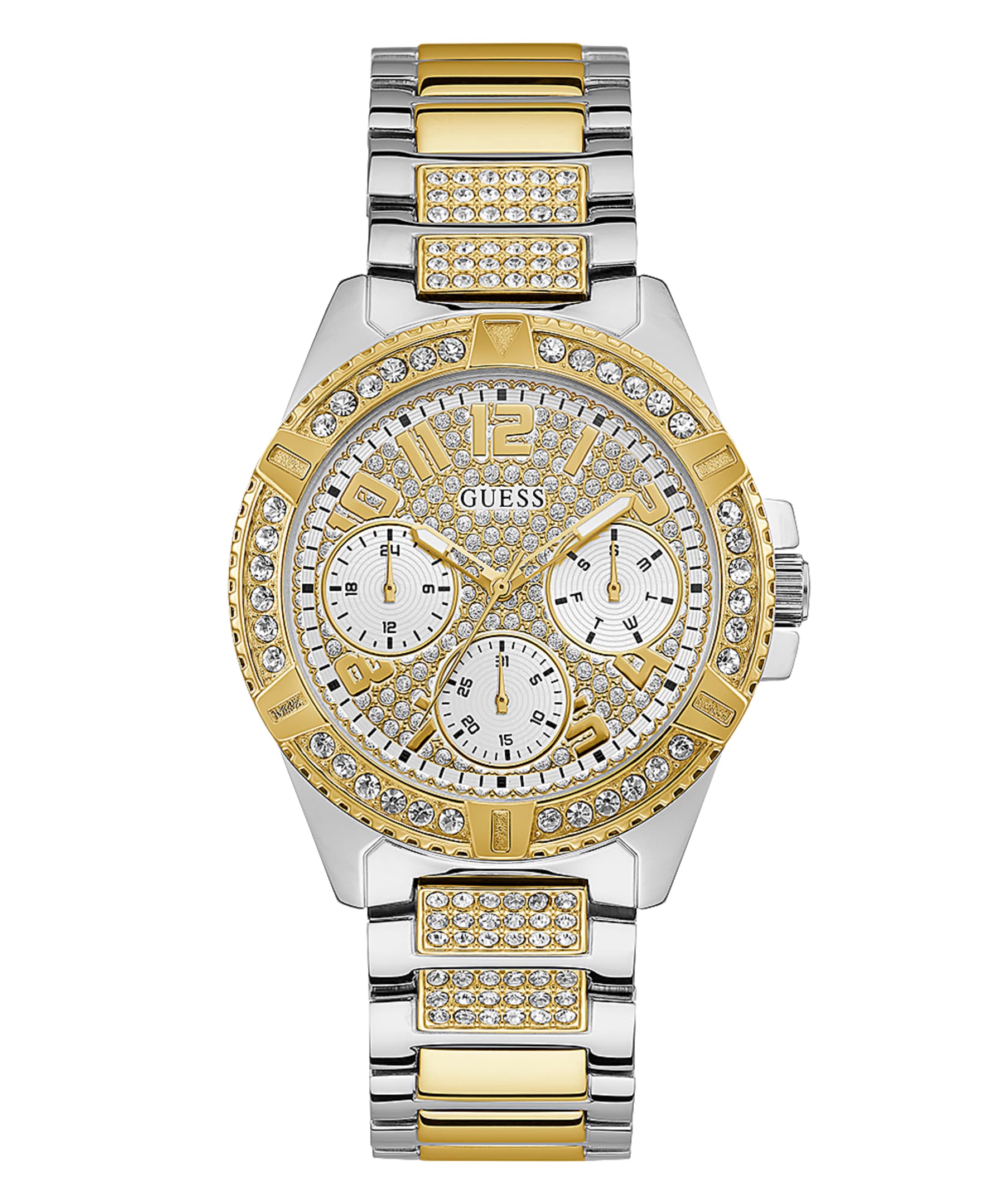  Shop Authentic Guess Frontier Chronograph Crystals Gold Dial Two Tone Steel Strap Watch For Women - W1156L5 - Luxxuri