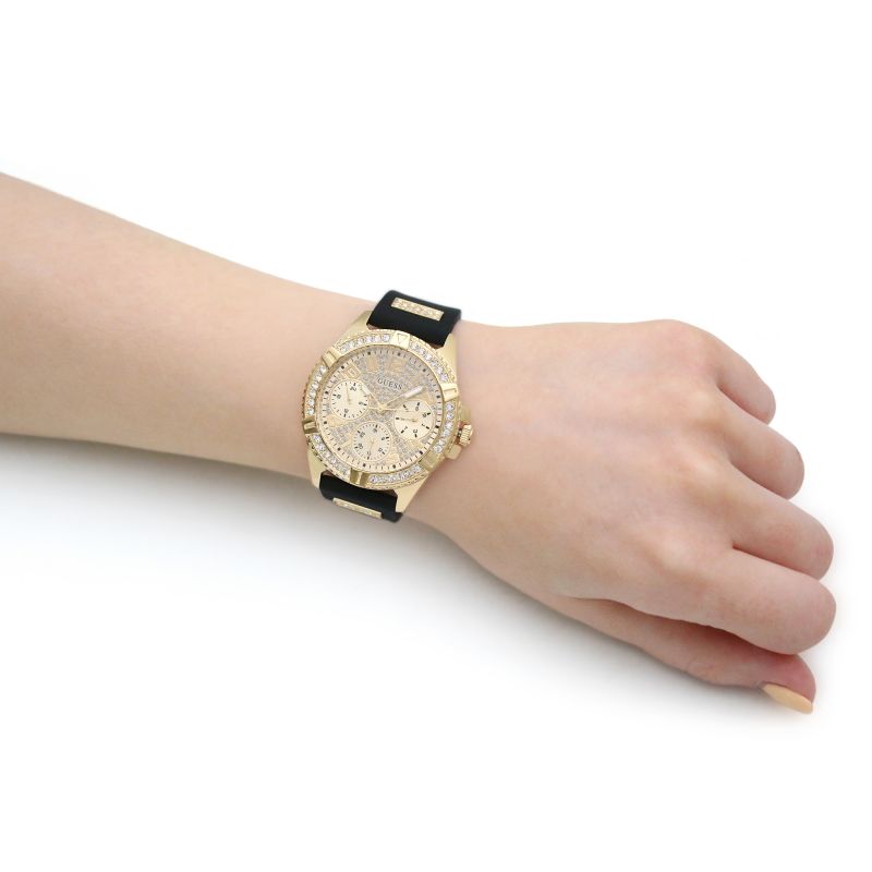  Shop Authentic Guess Frontier Diamonds Gold Dial Black Rubber Strap Watch For Women - W1160L1 - Luxxuri