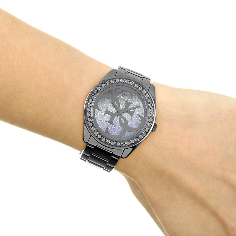  Shop Authentic Guess G Twist Diamonds Purple Dial Black Steel Strap Watch For Women - W1201L4 - Luxxuri