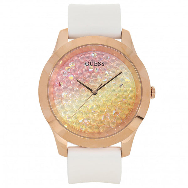  Shop Authentic Guess Crush Crystals Gold Dial White Rubber Strap Watch for Women - W1223L3 - Luxxuri