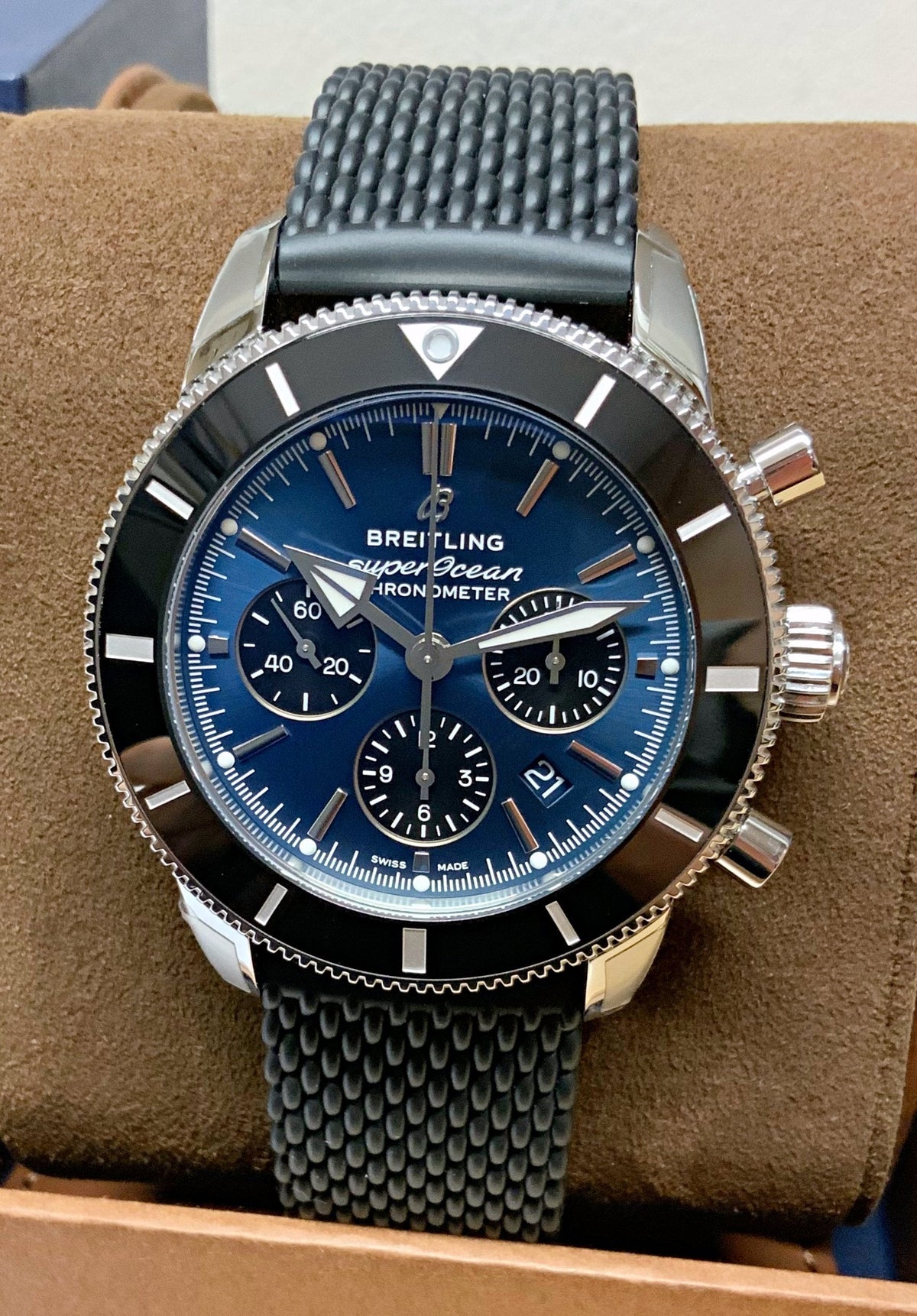  Shop Authentic Breitling Superocean Heritage B01 Chronograph 44 Blue Dial Black Mesh Bracelet Watch for Men - AB0162121C1S1 - Luxxuri