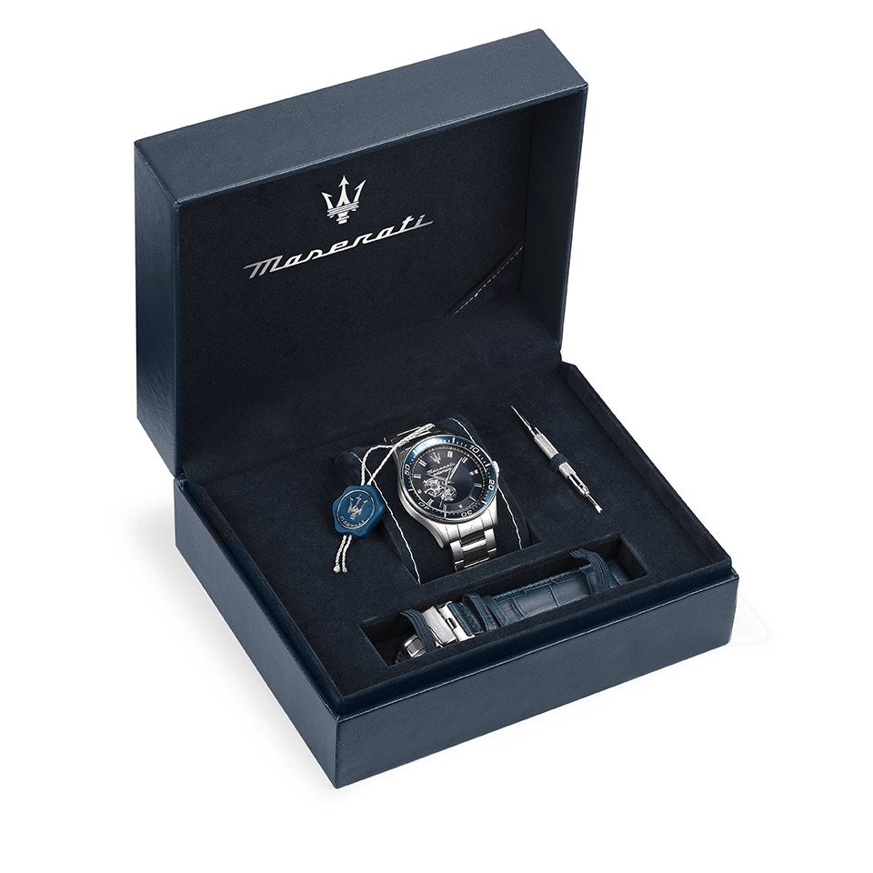  Shop Authentic Maserati SFIDA Automatic Skeleton Blue Dial Silver Steel Strap Watch For Men - R8823140007 - Luxxuri