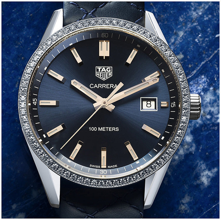  Shop Authentic Tag Heuer Carrera Quartz Diamonds Blue Dial Blue Leather Strap Watch for Women - WAR1114.FC6391 - Luxxuri