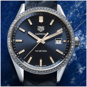  Shop Authentic Tag Heuer Carrera Quartz Diamonds Blue Dial Blue Leather Strap Watch for Women - WAR1114.FC6391 - Luxxuri
