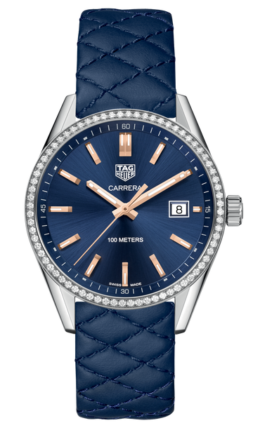  Shop Authentic Tag Heuer Carrera Quartz Diamonds Blue Dial Blue Leather Strap Watch for Women - WAR1114.FC6391 - Luxxuri