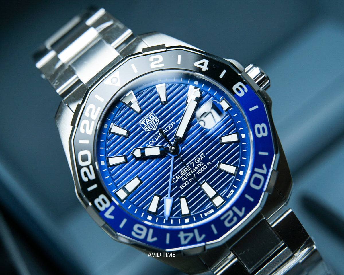  Shop Authentic Tag Heuer Aquaracer GMT Calibre 6 Automatic Blue Dial Silver Steel Strap Watch for Men - WAY201T.BA0927 - Luxxuri